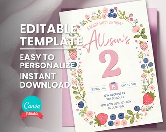 May include: Editable birthday party invitation template with a floral wreath design. The text reads "A Berry Sweet Birthday Allison's 2". The invitation includes the date, time, address, and RSVP information.