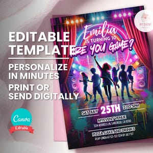May include: A colourful invitation template for a 10th birthday party. The design shows a stage with dancing silhouettes, with the text "Emilia is turning 10, Are You Game?" and event details. The template is editable and can be personalised.
