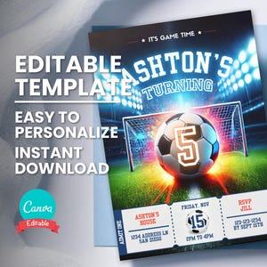 Fußball-Geburtstagseinladung, Fußball-Karte für jedes Alter, Jugend-Fußball-Partyspiel oder Match, bearbeitbare digitale Vorlage, Sofort-Download