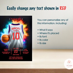 May include: A basketball-themed birthday party invitation with a red and white basketball jersey, a basketball, and the text "It's Game Time", "Aaron's Turning 10", "Sun June 23", "3pm to 6pm", "Gift Cards Appreciated", "Pizza and Cake Provided", "RSVP Allison 023-123-1234 by June 5", "Aaron's House 123 MyEvents Ln San Diego, CA".
