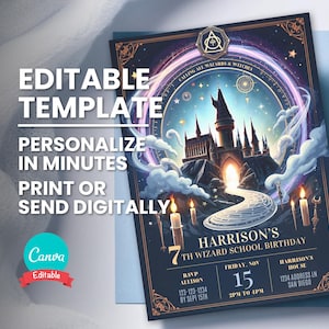 Invitación de cumpleaños de mago, invitación para fiesta de brujas y magos, plantilla digital editable, tarjeta de cumpleaños imprimible, Evite para teléfono móvil, descarga instantánea