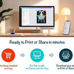 May include: A digital illustration of a three-step process for creating a printable or shareable design. The first step is to purchase a template on Etsy, the second step is to get a link to edit the template on Canva.com for free, and the third step is to download the edited template to print or share.