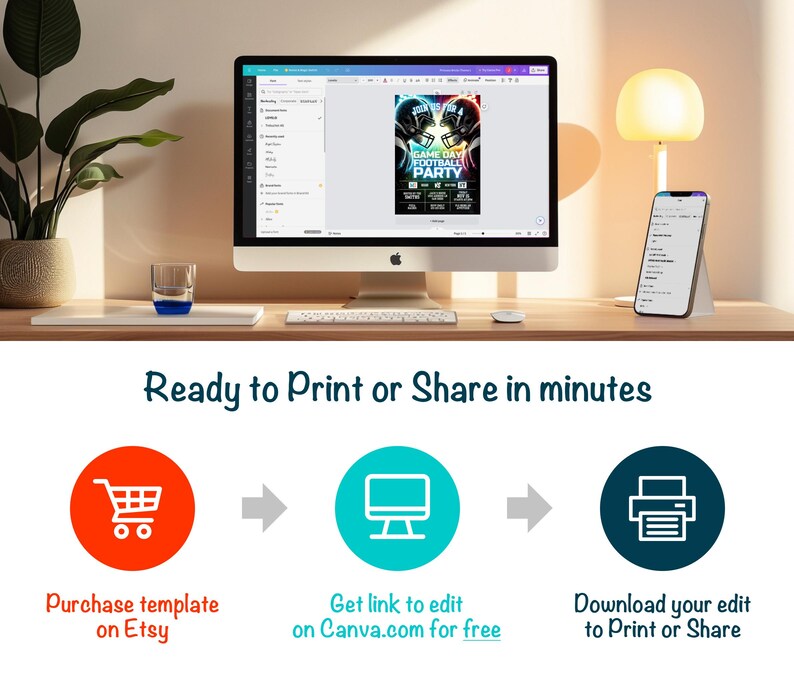 May include: A digital illustration of a three-step process for creating a printable or shareable design. The first step is to purchase a template on Etsy, the second step is to get a link to edit the template on Canva.com for free, and the third step is to download the edited template to print or share.