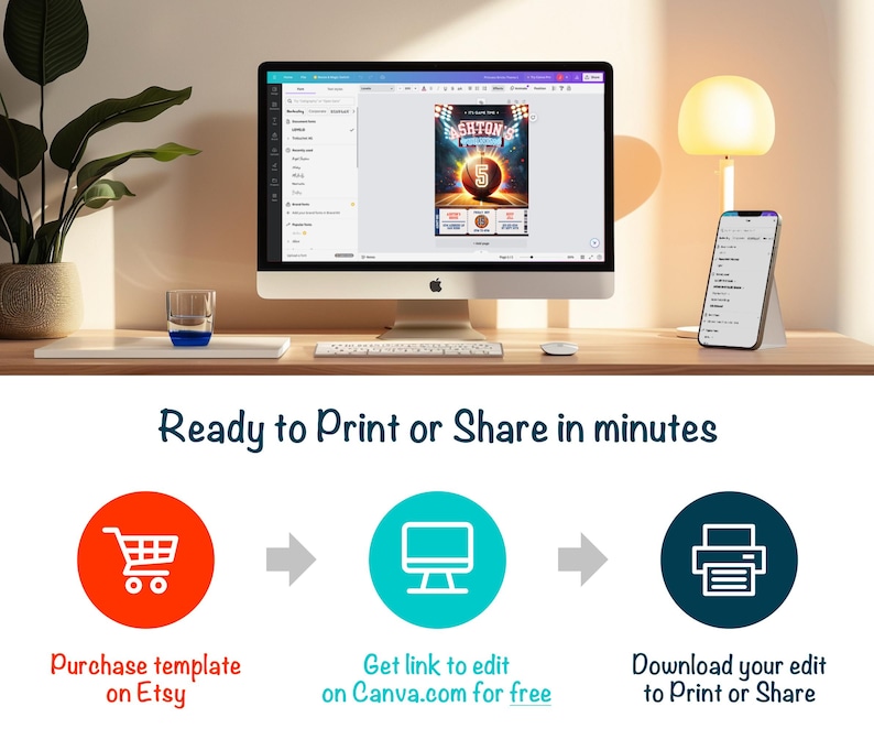 Puede incluir: Un gr&aacute;fico que muestra los pasos para crear una invitaci&oacute;n de cumplea&ntilde;os imprimible. Compra una plantilla en Etsy, obt&eacute;n un enlace para editar en Canva.com gratis y descarga tu edici&oacute;n para imprimir o compartir.
