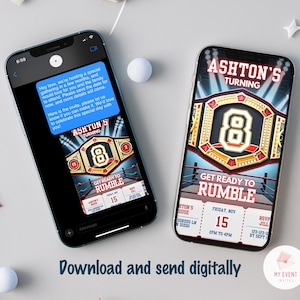 K&ouml;nnte beinhalten: Eine digitale Einladung zu einer Wrestling-Geburtstagsparty. Die Einladung zeigt einen blauen und roten Wrestling-Ring mit einem goldenen Meisterschaftsg&uuml;rtel. Der Text auf der Einladung lautet "Ashton's Turning 8 Get Ready to Rumble". Die Einladung enth&auml;lt auch Datum, Uhrzeit und RSVP-Informationen.