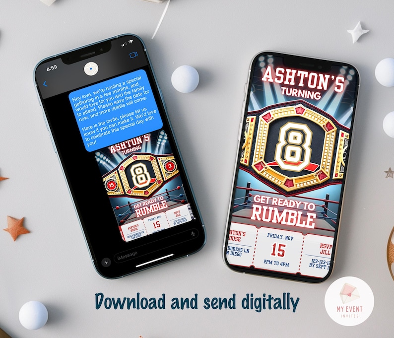 K&ouml;nnte beinhalten: Eine digitale Einladung zu einer Wrestling-Geburtstagsparty. Die Einladung zeigt einen blauen und roten Wrestling-Ring mit einem goldenen Meisterschaftsg&uuml;rtel. Der Text auf der Einladung lautet "Ashton's Turning 8 Get Ready to Rumble". Die Einladung enth&auml;lt auch Datum, Uhrzeit und RSVP-Informationen.