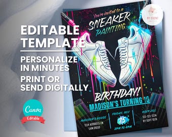 Sneaker Coloring Party Invite, Neon Birthday Party, Editable Template, Digital Invitation, Instant Download