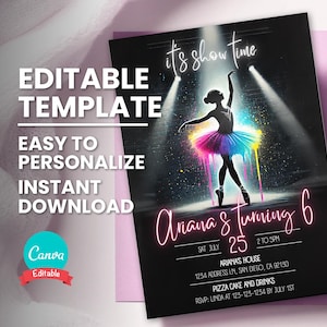 Ballet verjaardagsuitnodiging, elke leeftijd ballerina danseres feest uitnodiging, bewerkbare sjabloon, digitale Evite, afdrukbare verjaardagskaart, Instant Download