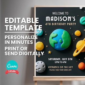 Könnte beinhalten: Editierbare Einladungsvorlage für eine 4. Geburtstagsparty mit Weltraumthema. Die Einladung hat einen schwarzen Hintergrund mit einem bunten Planeten, Sternen und einem goldenen Stern. Der Text "Willkommen zu Madisons 4. Geburtstagsparty" steht oben auf der Einladung. Der Text "Samstag, 5. Juli, 12:00 bis 16:00 Uhr" steht in der Mitte der Einladung. Der Text "Eingang links, bitte Schuhe ausziehen" steht unten auf der Einladung.