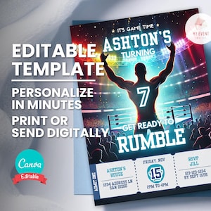 Wrestling-Geburtstagseinladung, jedes Alter MMA Ticket einladen, bearbeitbare digitale Vorlage, druckbare Geburtstagskarte, mobile Evite, sofortiger Download