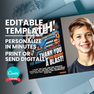 May include: A black birthday card with a blue and orange toy gun graphic and the text "THANK YOU FOR MAKING 10TH BIRTHDAY A BLAST!" A smiling boy is on the right side of the card. The card also says "Editable Template".