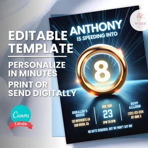 Convite de aniversário de anel, acelerando para a festa de aniversário, modelo editável, convite digital sem papel, cartão de aniversário para impressão, download instantâneo