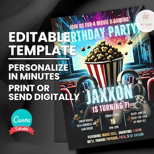 Convite de aniversário de filme e videogame, convite para festa de teatro de jogos, modelo editável, cartão de aniversário para impressão, convite digital, download instantâneo