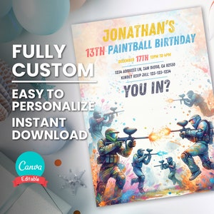 Personalizowane zaproszenie na urodziny Paintball dla nastolatków Zaproszenie na urodziny Paintball dla dzieci Zaproszenie na imprezę Paintball do wydrukowania Pobierz