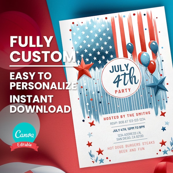 Custom July 4th Party Invite for Independence Day Invite for Friend Summer Pool Party Invitation for Memorial Day Summer Barbecue Invitation