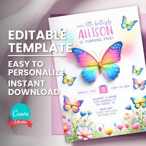 Invitación de cumpleaños de mariposa, plantilla digital editable para cualquier edad, nuestra pequeña mariposa, descarga instantánea, tarjeta de invitación de cumpleaños imprimible
