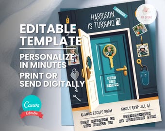 Escape Room Photo Invitation, Editable Birthday Invite, Digital Template, Printable Card, Instant Download