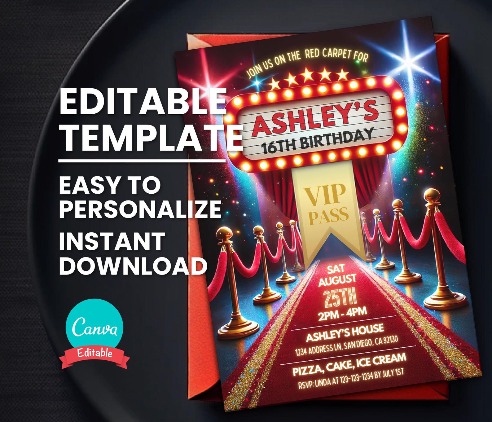 Red Carpet Invitation, Star VIP Pass Birthday Party, Glamorous ...
