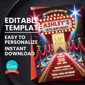 Roter Teppich Einladung, Star VIP Pass Geburtstagsfeier, glamouröses Hollywood-Thema, bearbeitbare Vorlage für jedes Alter, druckbare Einladung, digitales Evite