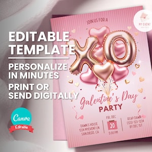 Valentinstag Einladung, Galentines Tag einladen, XOXO Ballon, bearbeitbare digitale Vorlage, Textnachricht Evite, druckbare Karte, sofortiger Download