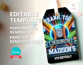 Neon Baseball Thank You Tag, Editable Template, Printable Gift Bag Accessory, Printable Party Favor