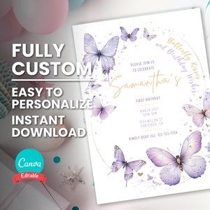 Invitación editable de mariposa para fiesta de cumpleaños de niña. Plantilla de invitación de mariposa morada para el primer cumpleaños de niña.