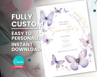 May include: Purple butterfly themed first birthday party invitation with a gold circle and the text "Please join us to celebrate Samantha's First Birthday, March 31st, 12pm-3pm, 1234 Willow St, San Diego, CA, Kindly RSVP Jill: 123-123-1234".