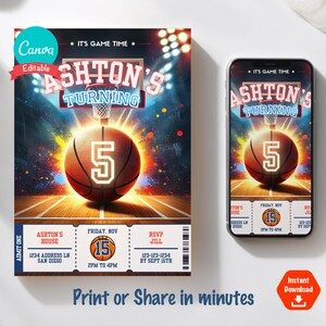 Puede incluir: Invitaci&oacute;n de fiesta de cumplea&ntilde;os de baloncesto editable con un aro de baloncesto, un bal&oacute;n de baloncesto con el n&uacute;mero 5 y un dise&ntilde;o de boleto con el texto "Ashton's Turning 5". La invitaci&oacute;n incluye la fecha, la hora y la informaci&oacute;n de RSVP.