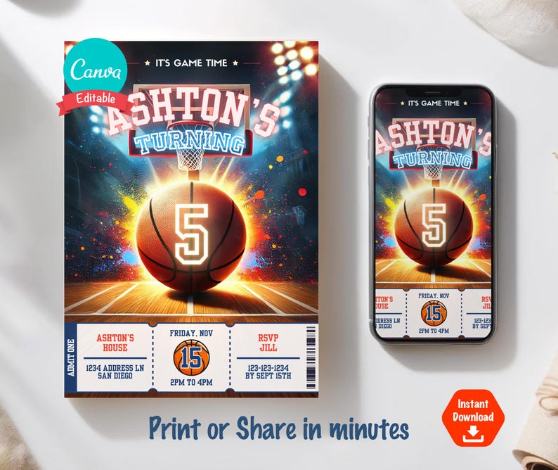 Puede incluir: Invitaci&oacute;n de fiesta de cumplea&ntilde;os de baloncesto editable con un aro de baloncesto, un bal&oacute;n de baloncesto con el n&uacute;mero 5 y un dise&ntilde;o de boleto con el texto "Ashton's Turning 5". La invitaci&oacute;n incluye la fecha, la hora y la informaci&oacute;n de RSVP.