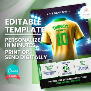 Fußball-Geburtstagsfeier-Einladung, bearbeitbares Brasilien Alter Jersey, Ticket einladen, digitale Vorlage, druckbare Karte, Mobile Evite Sofort-Download