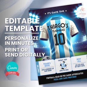 Fußball-Geburtstags-Party Einladung, bearbeitbares Alter Jersey, Ticket einladen, digitale Vorlage, druckbare Geburtstagskarte, Mobile Evite, Sofort Download