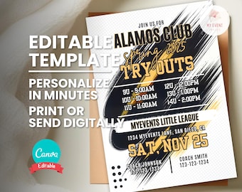 Tryout Invitation, Any Sport Team League or Association Tryout Invite, Editable Template, Printable Flyer, Digital Evite, Instant Download