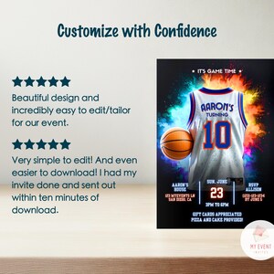 May include: A basketball-themed birthday party invitation with a colorful background and a basketball jersey with the text "Aaron's Turning 10". The invitation includes details such as the date, time, location, and RSVP information.