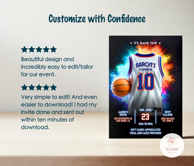 May include: A basketball-themed birthday party invitation with a colorful background and a basketball jersey with the text "Aaron's Turning 10". The invitation includes details such as the date, time, location, and RSVP information.