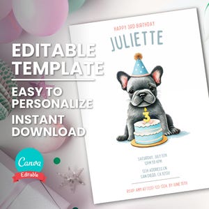 Graue Frenchie-Geburtstagseinladung, bearbeitbares Kerzenalter, französische Bulldogge-Welpenhundeparty einladen, druckbare digitale Vorlage, sofortiger Download