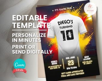 Editable Soccer Invitation Boy, White Jersey Birthday Party Card, Printable Canva Template, Custom Name Age Number, Digital Download