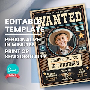 Wanted Birthday Photo Invitation, Western Cowboy Bday Party Invite, Editable Template, Printable Bday Card, Digital Evite, Instant Download