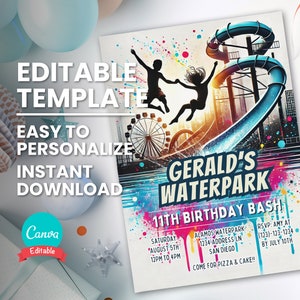 Waterpark Party Invite for Water Park Birthday Party Invitation, Summer Splash Flyer, Water Slide Birthday Invitation, Teen Waterpark Theme