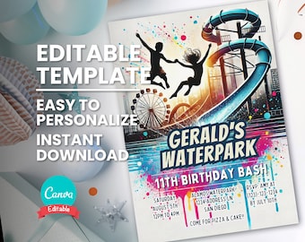 May include: Editable template for a waterpark birthday party invitation. The invitation features a colorful design with a water slide, Ferris wheel, and the text "Gerald's Waterpark 11th Birthday Bash".