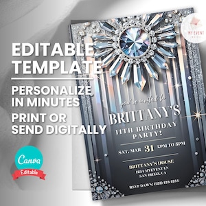 Convite de aniversário de cristal, modelo editável para qualquer idade, convite para festa de diamante, cartão de aniversário para impressão, download instantâneo de convite eletrônico digital