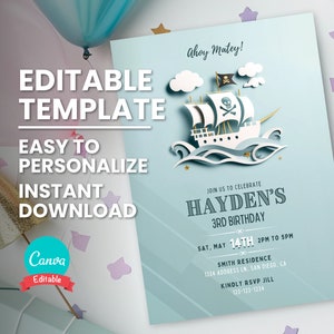 Invitation minimaliste de pirate pour la fête d'anniversaire de bateau de pirate, invitation d'anniversaire de bateau de pirate, fête d'anniversaire de pirate de style de découpe de papier en couches