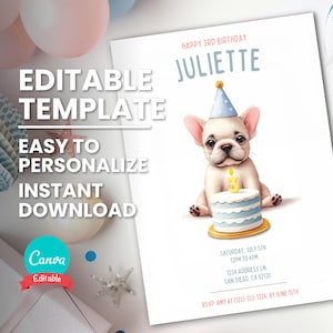 Französische Bulldogge Geburtstagseinladung, bearbeitbares Kerzenalter, Frenchie Hündchen Party einladen, druckbare digitale Vorlage, Sofort Download