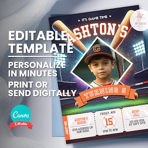 Riesige Baseball-Foto-Geburtstagseinladung, Ball-Spiel-Einladung, jedes Alter bearbeitbare digitale Vorlage, sofortiger Download, druckbare Partykarte
