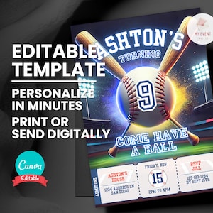 Baseball-Einladung, Geburtstagsfeier-Einladung, bearbeitbare Vorlage für jedes Alter, papierlose digitale Einladung, druckbare Geburtstagskarte, sofortiger Download