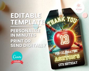 Teacher Thank You Tag, Education Theme Birthday 2x3.5" Gift Accessory, Editable Template, Instant Download