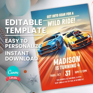 Uitnodiging raceauto feest voor Racing verjaardagsfeestje, bewerkbare Muscle Car verjaardagsuitnodiging, afdrukbare digitale sjabloon, Instant Download