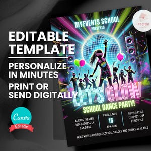 Convite para baile escolar, convite para festa de dança que brilha no escuro, modelo editável, cartão digital, folheto de dança neon para impressão, download instantâneo