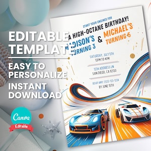 Invitation à une fête de voiture de course commune pour un anniversaire commun ou un double anniversaire, une invitation pour un frère ou une sœur, modèle numérique modifiable