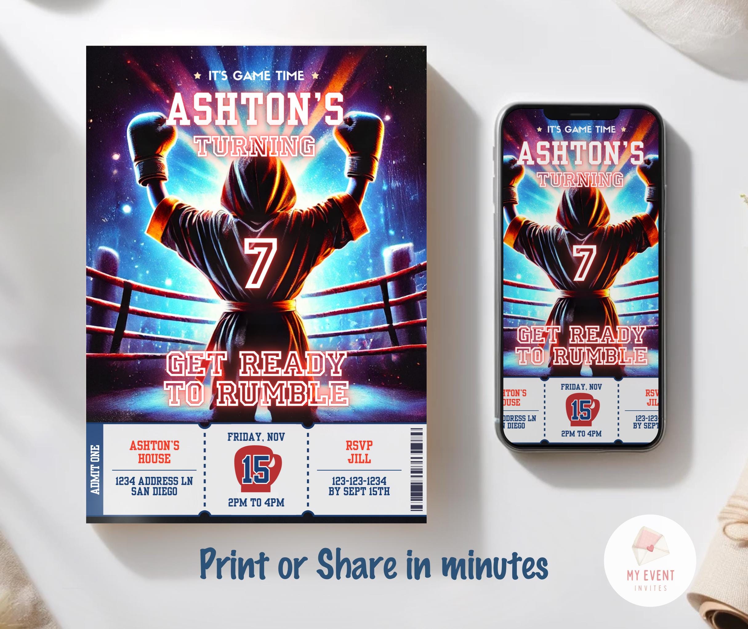 ポストカード Boxing Birthday Invitation, Any Age Boxer Ticket Birthday Party
