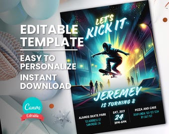 Könnte beinhalten: Editierbare Geburtstagseinladungsvorlage mit einem Neon-Stadtbild im Hintergrund. Der Text "Let's Kick It" ist in einer fetten, bunten Schriftart. Die Einladung ist für eine Skatepark-Party für einen Jungen namens Jeremy, der 8 Jahre alt wird. Die Einladung enthält Datum, Uhrzeit, Ort und RSVP-Informationen.